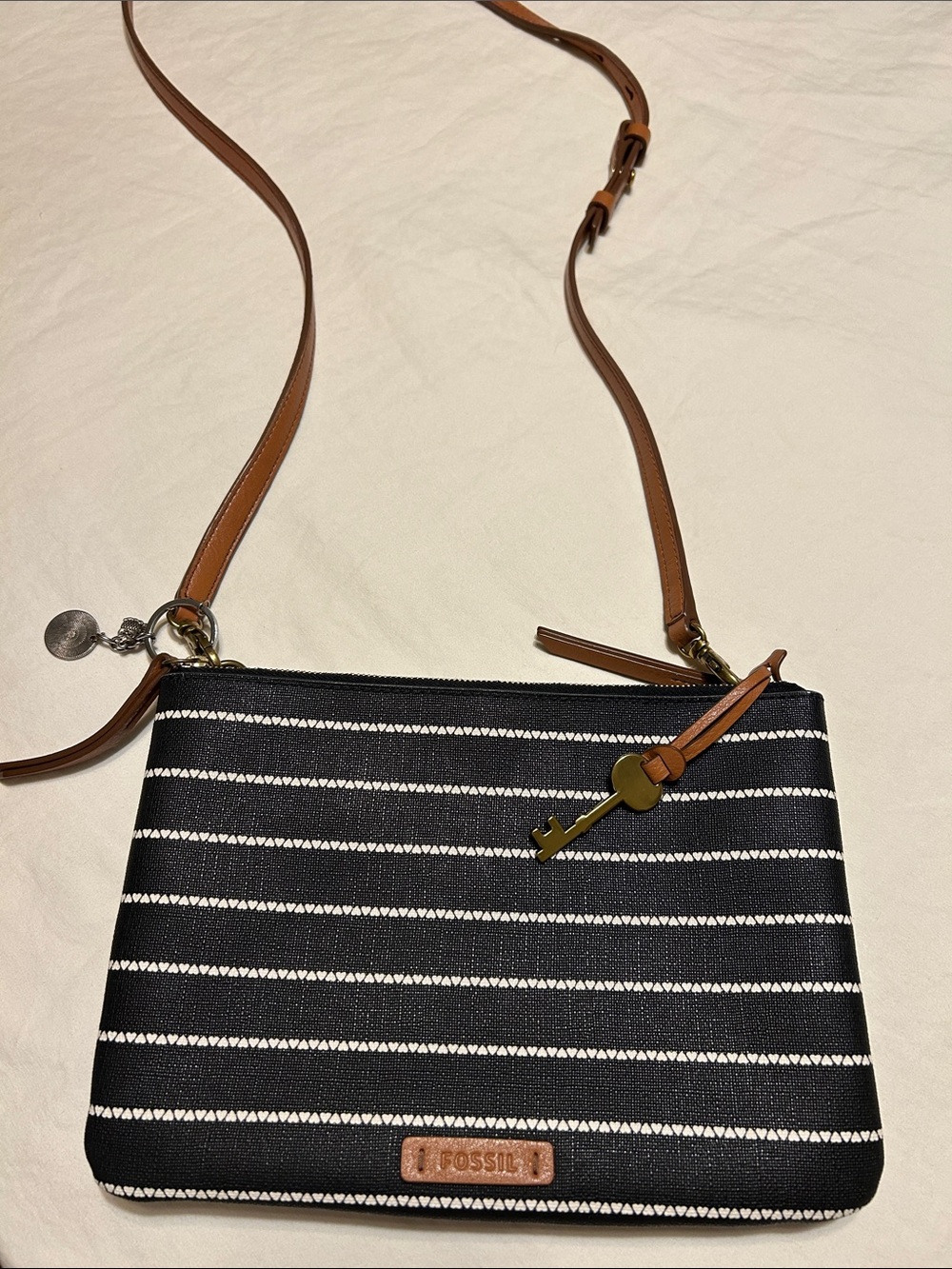Fossil Black & White Striped Crossbody with Tan Leather Strap